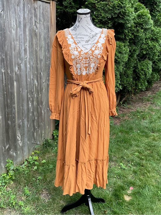 For Love And Lemons Dresses & Skirts - For Love And Lemons Mustard Long Sleeve Embroidered Midi Dress